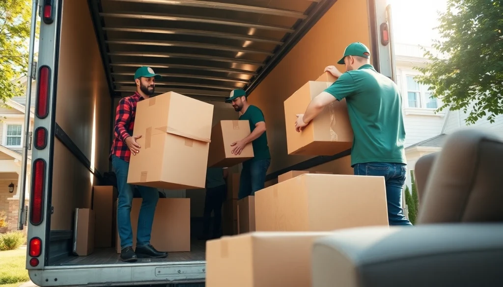 Home Movers expertly packing and loading furniture into a truck in a sunny residential area.