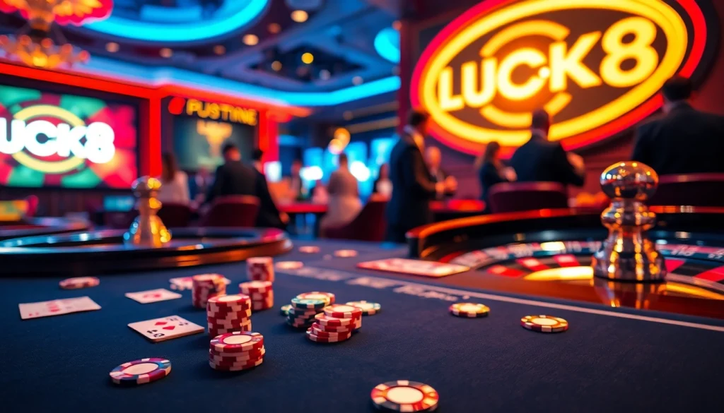 Người chơi đang tận hưởng một ván chơi đầy hồi hộp tại bàn casino LUCK8, với các chip poker rực rỡ và bộ bài.