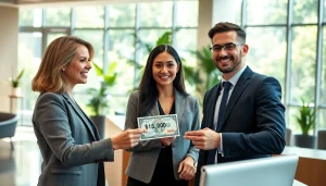 Menyerahkan deposit 1k di bank dengan senyuman, menggambarkan kepercayaan dan keamanan.