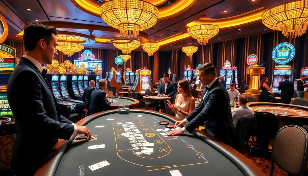 Experience the thrill of RR88 with professionals at a vibrant casino gaming floor.