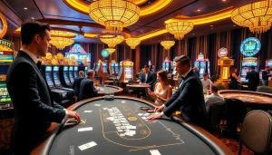 Experience the thrill of RR88 with professionals at a vibrant casino gaming floor.
