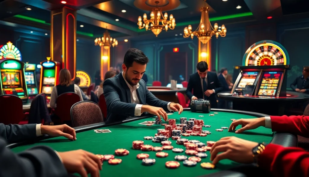 MMOO players strategize skillfully at a vibrant poker table in a luxurious casino.