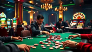 MMOO players strategize skillfully at a vibrant poker table in a luxurious casino.