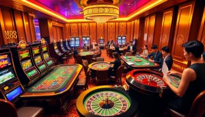 Players enjoying the excitement of MM88 casino games at vibrant tables with chips and slot machines.