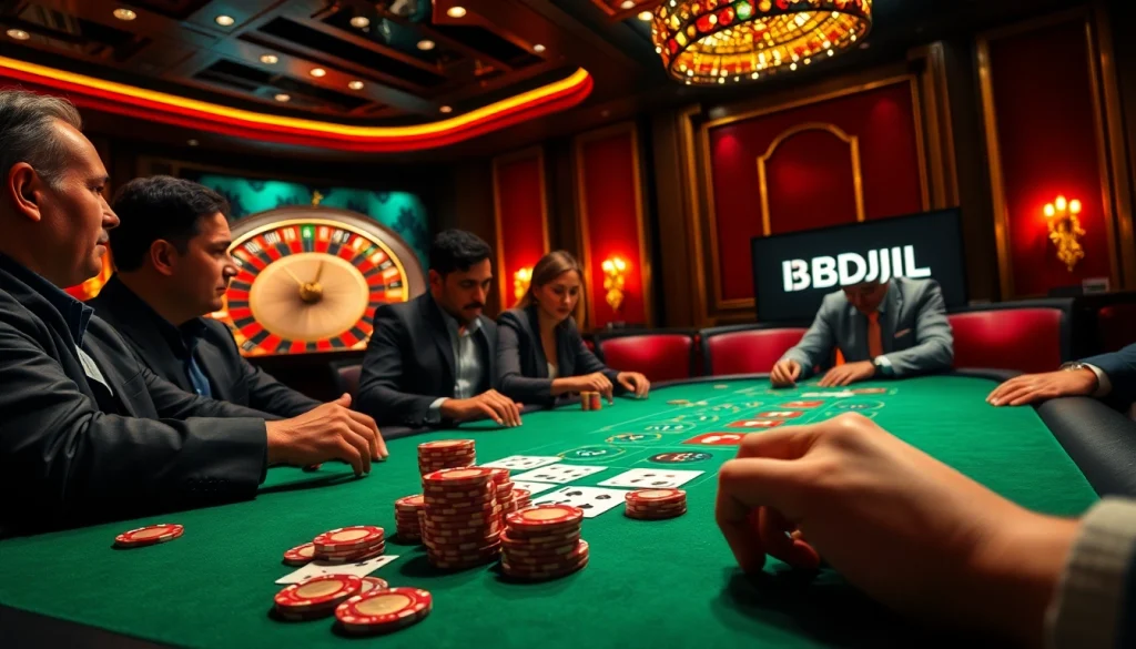 Players engage in a thrilling poker game at a luxurious casino featuring BDJL branding.