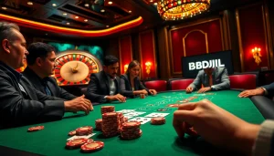Players engage in a thrilling poker game at a luxurious casino featuring BDJL branding.