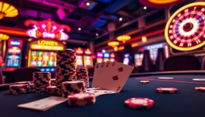 Gamblers celebrating a win at Lc88.com with vibrant slots, chips, and a roulette wheel.