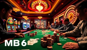 Engaging players at MB66 casino table with vibrant poker chips and shining slot machines.