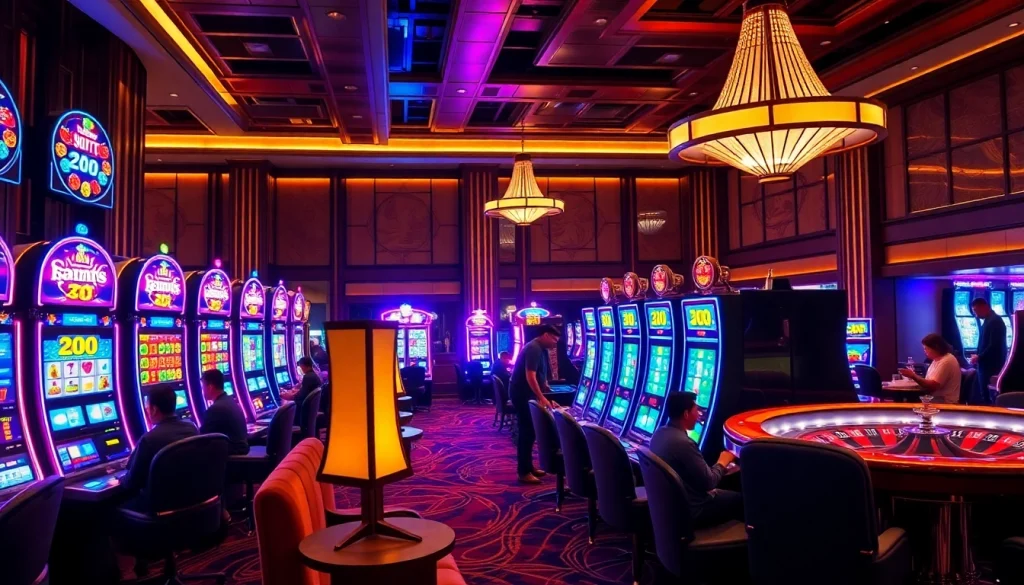 Players enjoying the excitement of slot777 machines in a luxurious casino setting.