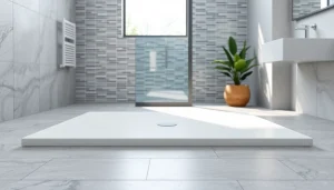 View a pristine shower base featuring elegant design in a modern bathroom setting.