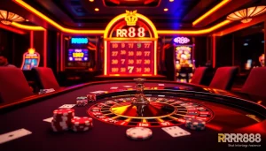 Players enjoy an exciting roulette game at RR88, surrounded by vibrant casino elements.