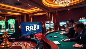 Experience thrilling casino action at RR88 with roulette, poker tables, and vibrant slot machines.