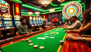 The k9k9 game action at a casino table with colorful chips, cards, and a spinning roulette wheel.
