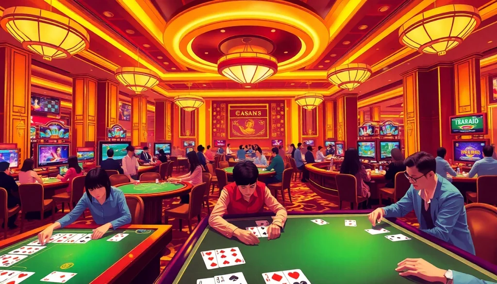 Exciting casino scene at topgamebaidoithuong.mx with players enjoying card games.