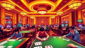 Exciting casino scene at topgamebaidoithuong.mx with players enjoying card games.