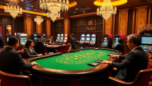 Players enjoying high-stakes gaming at a thabet77 casino table filled with excitement and luxury.