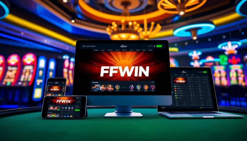 Experience the excitement of online betting with FFWIN on multiple devices in a vibrant casino setting.