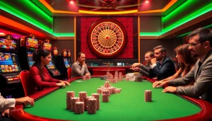 Excited players strategizing at a casino table with poker chips near https://s8ok.com/.