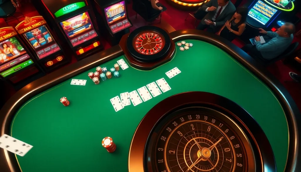 Play exciting games at Nhà cái Kuwin, featuring a vibrant casino scene with poker, slots, and thrilling bets.