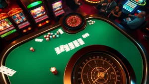Play exciting games at Nhà cái Kuwin, featuring a vibrant casino scene with poker, slots, and thrilling bets.