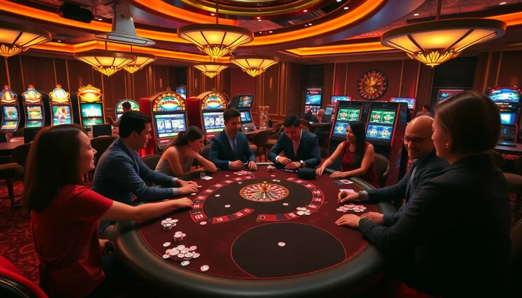 Engaged players enjoying a thrilling dinamit4d poker game in a luxurious casino atmosphere.
