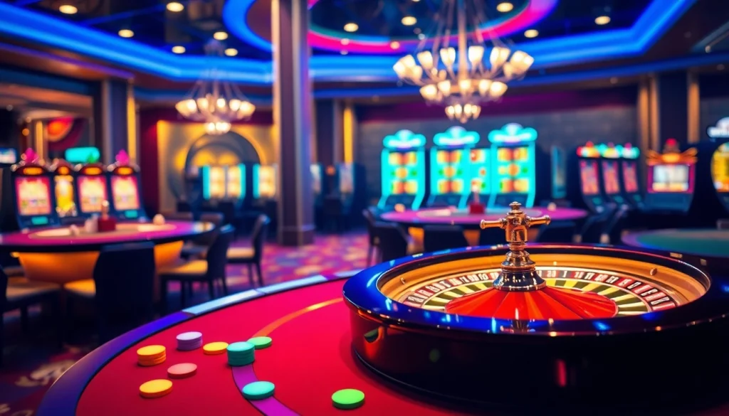 Engage with high-stakes games at https://rr88co.net/ showcasing a vibrant casino atmosphere with roulette and poker.