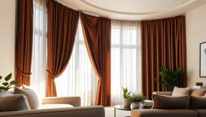 Verduisterende gordijnen accentueren een moderne woonkamer met stijl en elegantie.