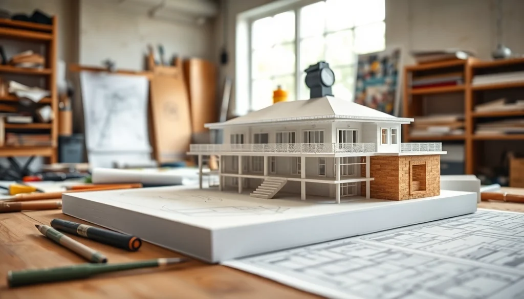 Architekturmodellbau Wiesbaden: Detailliertes Architekturmodell auf einem Tisch, umgeben von Werkzeugen.