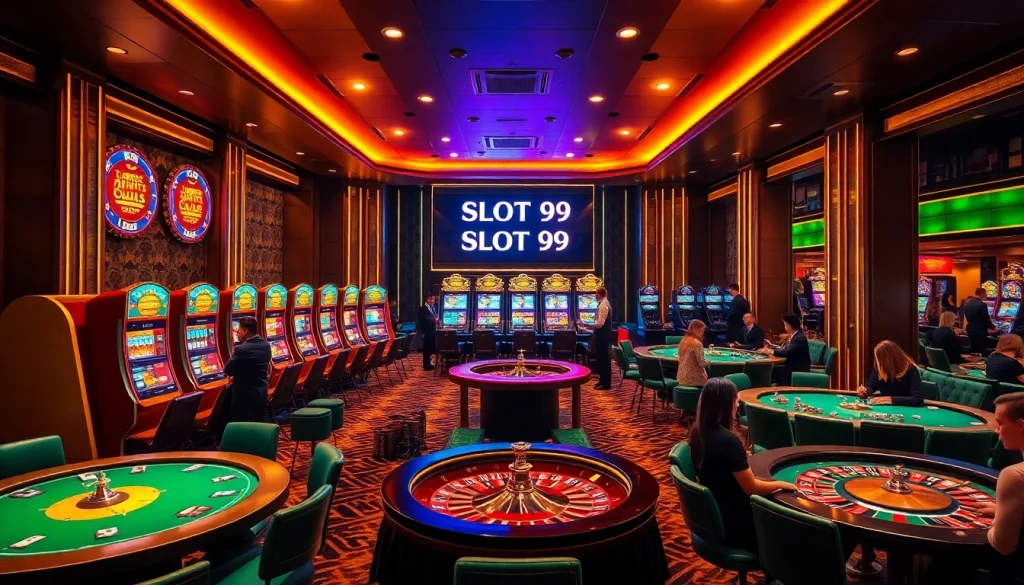 SLOT99 gaming scene with vibrant slot machines, poker tables, and roulette wheel showcasing luxury and excitement.
