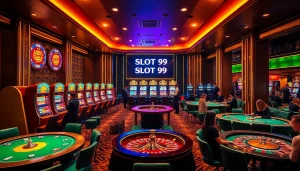 SLOT99 gaming scene with vibrant slot machines, poker tables, and roulette wheel showcasing luxury and excitement.