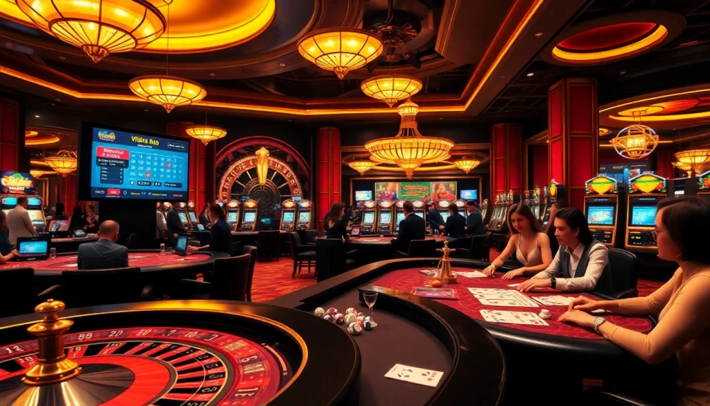 Dynamic casino scene showcasing kèo nhà cái betting action with vibrant tables, screens, and players.