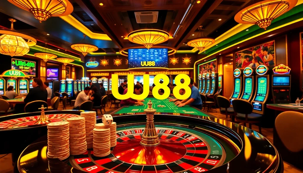 Engage with the thrilling atmosphere of UU88's vibrant casino scene filled with games and excitement.