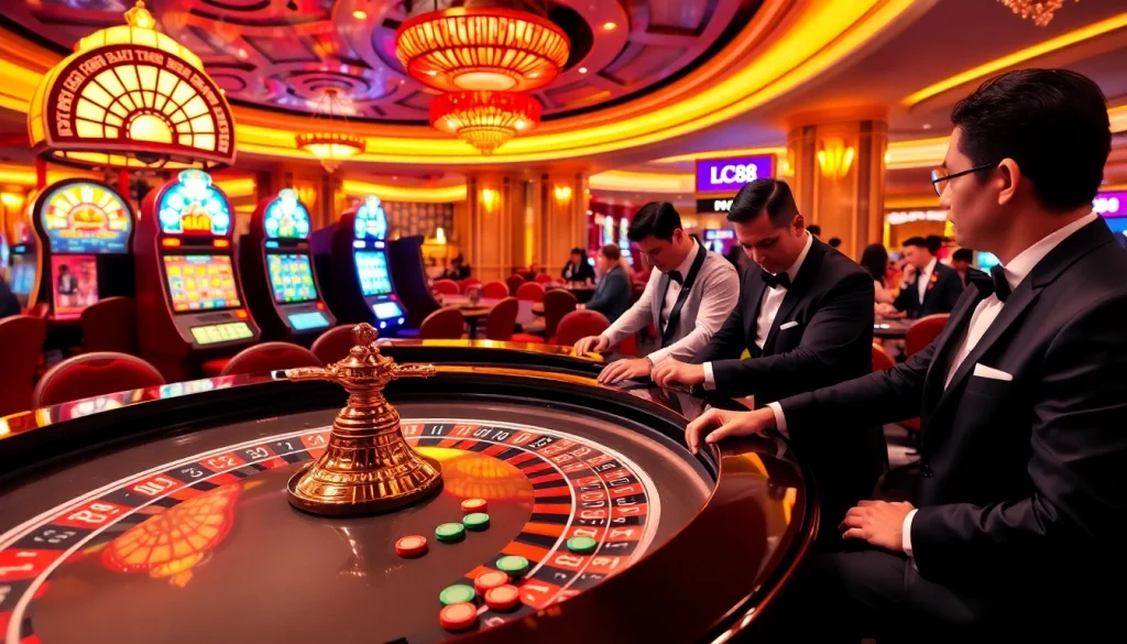 LC88 casino scene featuring an exciting roulette table with players and vibrant chips.