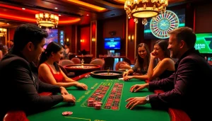 Engaged players at a live casino table at 58win, showcasing excitement and high-stakes gambling ambiance.