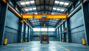 Bridge crane elevating heavy materials in a modern industrial warehouse.