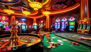 KJC casino scene featuring vibrant poker tables and roulette wheels showcasing the thrill of gambling.