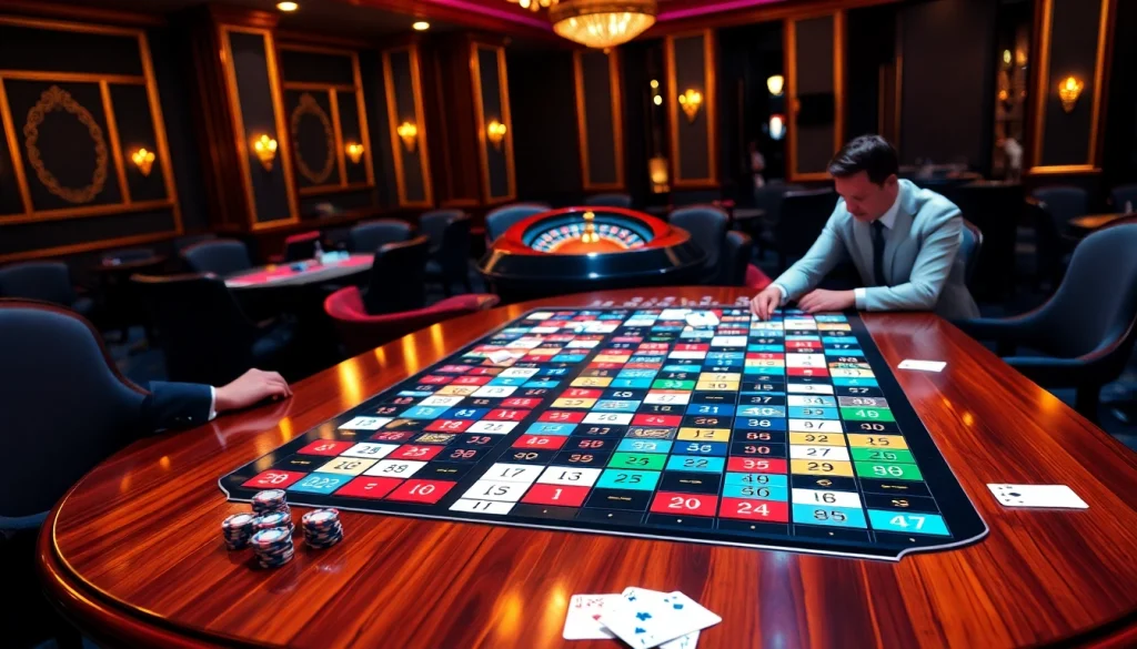 Engage in רמיקוב אונליין with vibrant tiles and colorful chips at a luxurious casino table.