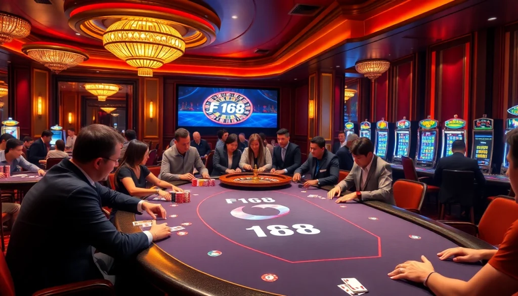 Players enjoying a thrilling game at a F168-branded poker table in a luxurious casino.
