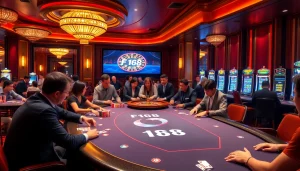 Players enjoying a thrilling game at a F168-branded poker table in a luxurious casino.