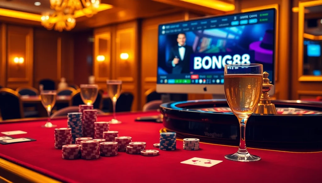 Bong88 richly detailed online casino scene featuring poker and roulette games.