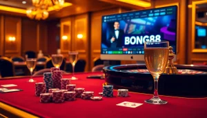 Bong88 richly detailed online casino scene featuring poker and roulette games.