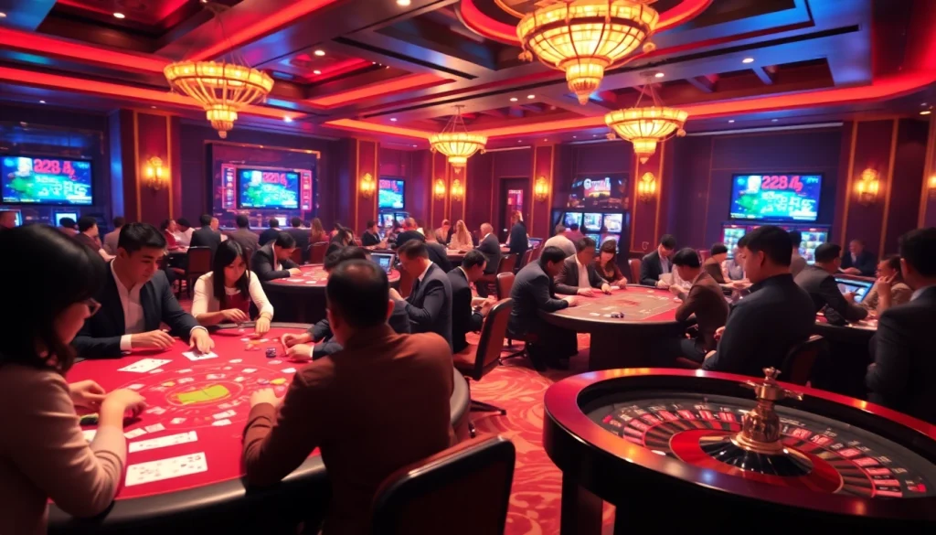 Players enjoying thrilling games at TK88 Casino in a luxurious setting, filled with excitement and high stakes.