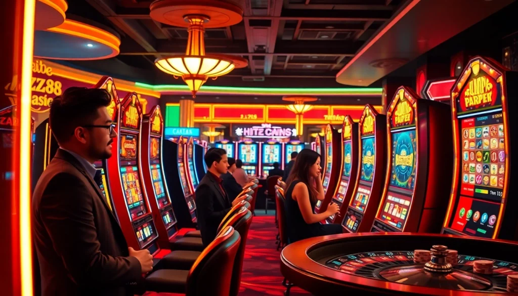 Engaging players at an hz88 slot machine in a vibrant casino setting, showcasing excitement and luxury.