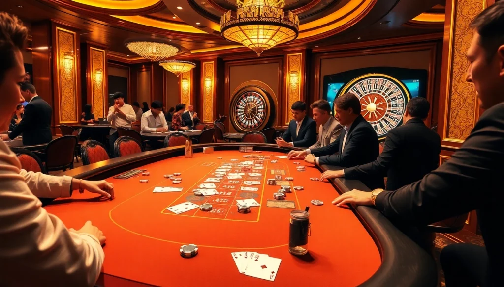 Exciting gambling action at a casino table highlighting kèo nhà cái 5 with vibrant chips and cards.
