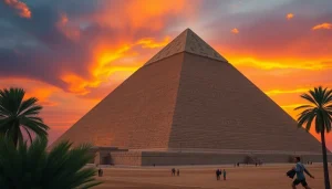 Visitors marveling at the ancient piraminds during a stunning sunset backdrop.