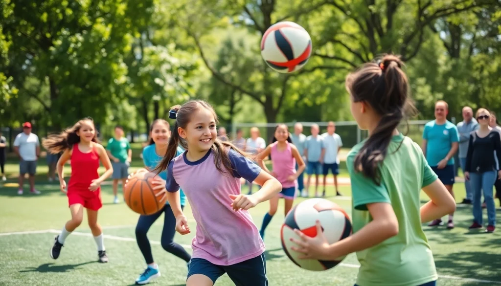 Girls engaging in Multi Sports Camps for Girls, showcasing teamwork and fun in vibrant outdoor setting.