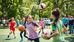 Girls engaging in Multi Sports Camps for Girls, showcasing teamwork and fun in vibrant outdoor setting.
