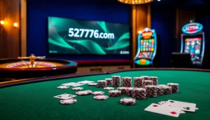 Experience the excitement of gambling with 5z7776 com in a luxurious casino setting featuring poker chips and a roulette wheel.