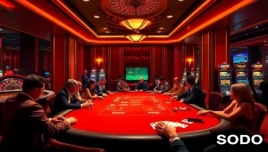 SODO casino scene featuring excited players at a poker table with vibrant slot machines.