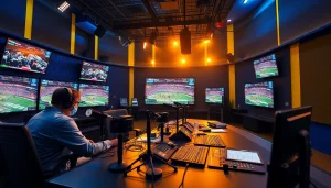 Showcase of sports broadcasting with a commentator in a vibrant studio setting.